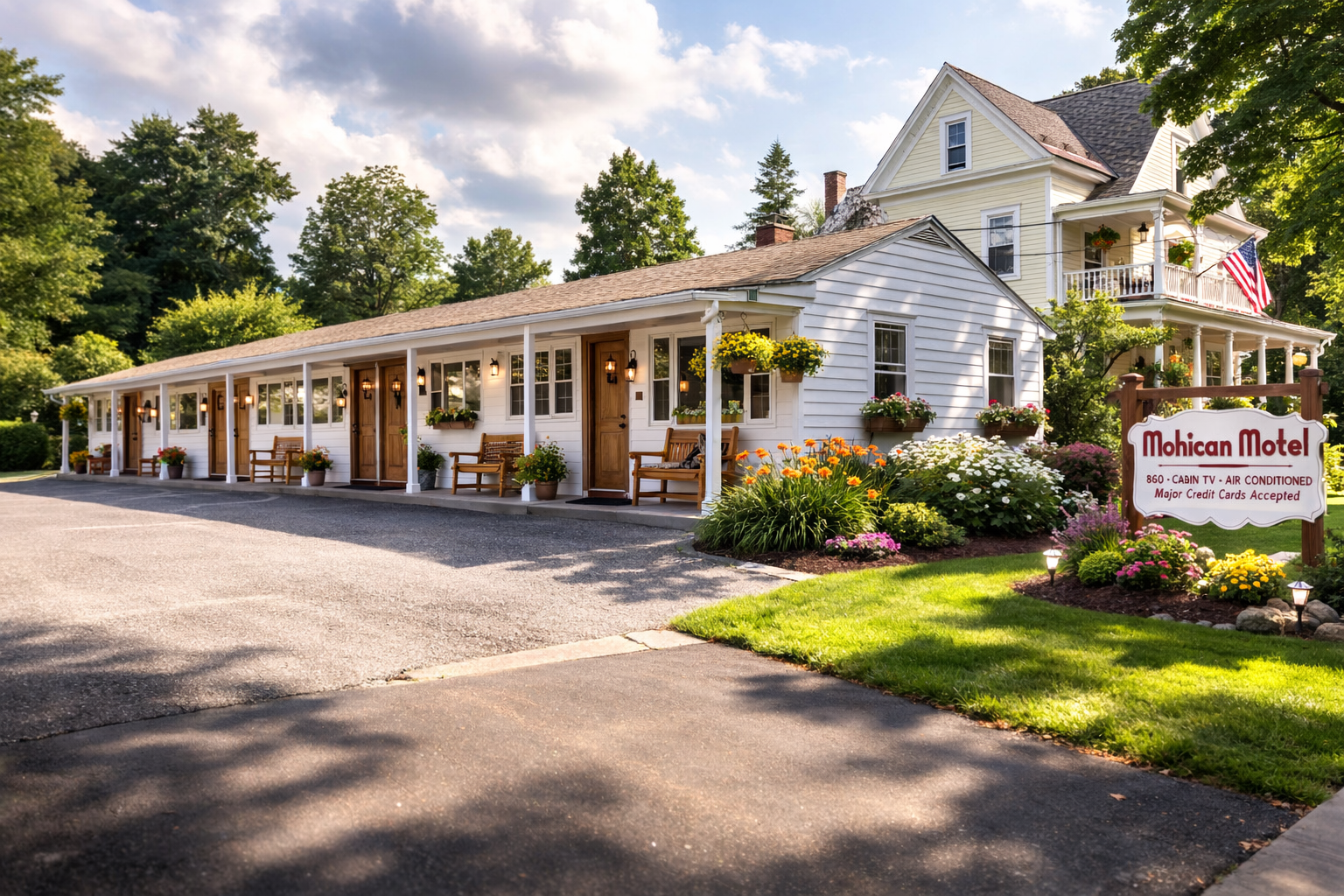 Mohican Motel exterior — charming New England motel surrounded by gardens in Cooperstown, NY